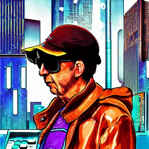 Prompt: a cyberpunk digital painting of El Chavo del Ocho Chaves wearing sunglasses and playing a synthesizer, shadowrun, moog