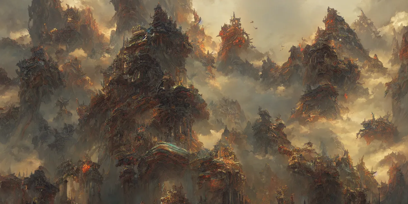 Prompt: dreamland of chinese ancient architecture in clouds from chinese myth, fantastic colors, ancient japanese, gothic diablo art, rococo art, cyberpunk, mecha, ominous, intricate, studio, art by anthony macbain + greg rutkowski + alphonse mucha, concept art