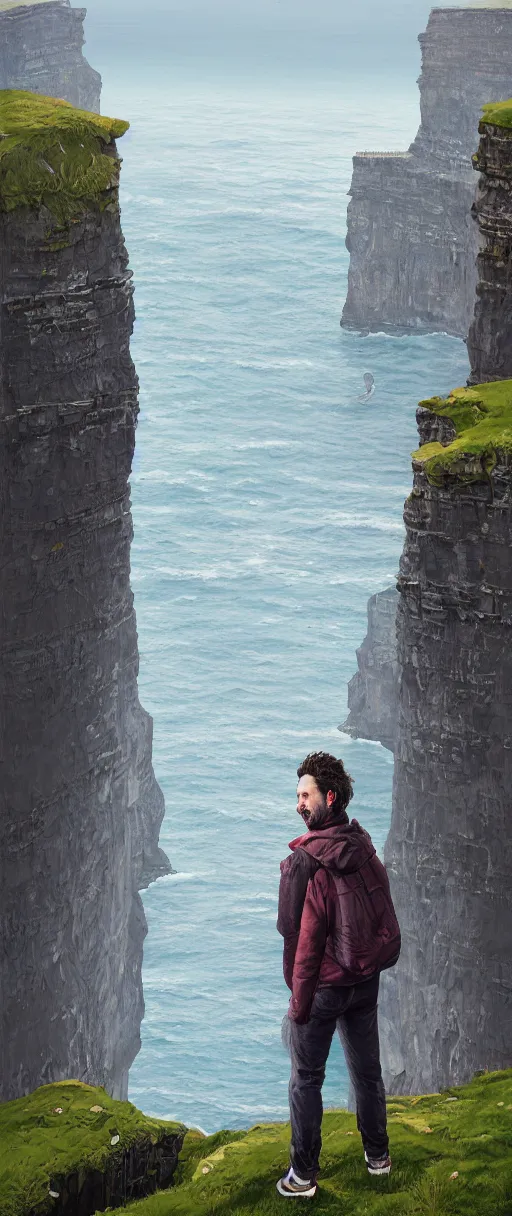 Image similar to portrait of michael sheen at the cliffs of moher, half body shot, highly detailed, digital painting, artstation, concept art, illustration, art by simon stalenhag