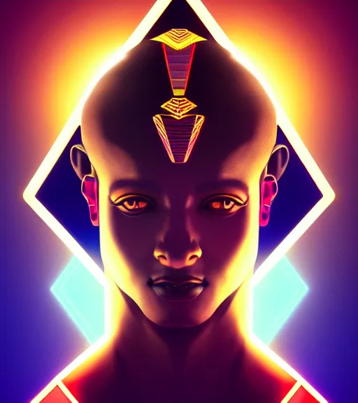 Image similar to symmetry!! egyptian god of technology, solid cube of light, hard edges, product render retro - futuristic poster scifi, lasers and neon circuits, brown skin handsome egyptian god, intricate, elegant, highly detailed, digital painting, artstation, concept art, smooth, sharp focus, illustration, dreamlike, art by artgerm