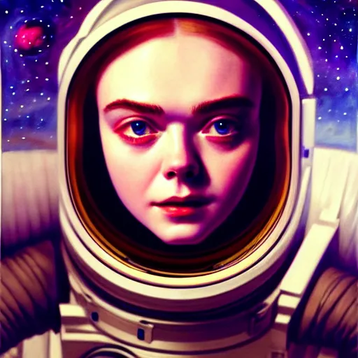 Prompt: portrait of a elle fanning wearing a spacesuit in the dark depths of space, film grain, detailed realism face in painting, detailed beautiful portrait, oil painting masterpiece, 8 k resolution, smooth, sharp focus, trending on artstation, by rembrandt