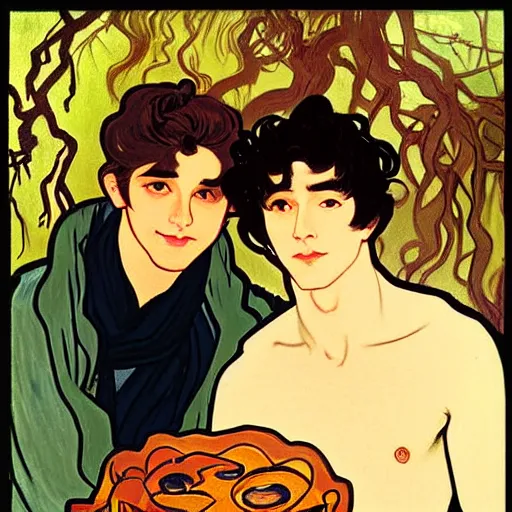 Prompt: painting of young cute handsome beautiful dark medium wavy hair man in his 2 0 s named shadow taehyung and cute handsome beautiful min - jun together at the halloween party, bubbling cauldron, candles, smoke, tarot, autumn colors, elegant, stylized, soft facial features, delicate facial features, art by alphonse mucha, vincent van gogh, egon schiele