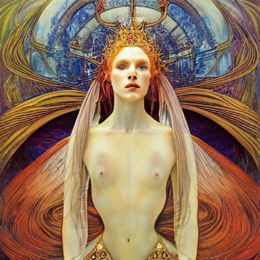 Image similar to queen of atlantis by zdzisław beksinski, alexander mcqueen, gaston bussiere and alphonse mucha. highly detailed, hyper - real, beautiful