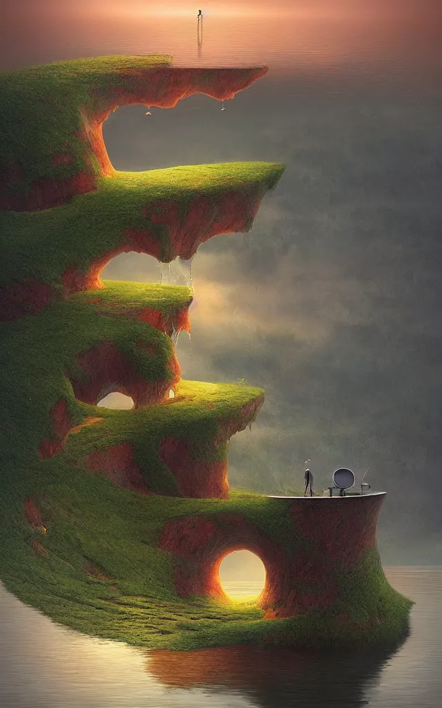 Prompt: a surreal landscape at sunset with a immense gigantic ornated iron chalice cup with a lake inside, water in excess dropping by gediminas pranckevicius