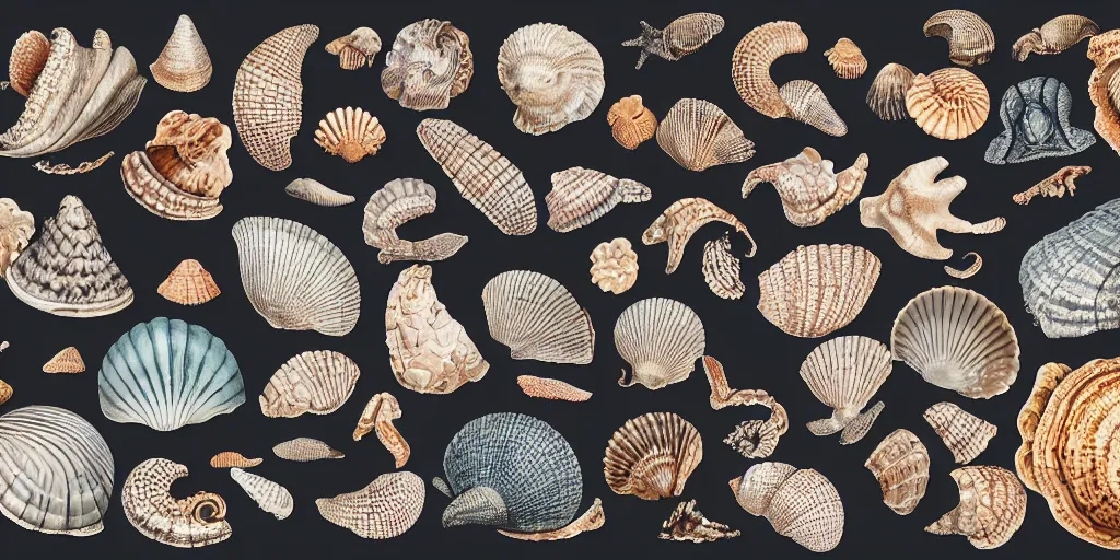 Image similar to full color page scan of various vintage sea shells illustrations on black background, in matte painting, 2 d, kitbash, 4 k