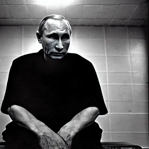 Image similar to a very sad and old wrinkled vladimir putin ( ( in prison clothes sitting on prison bench in prison ) ). detailed professional 3 5 mm black and white photo by don mccullin and anders petersen world press photo award