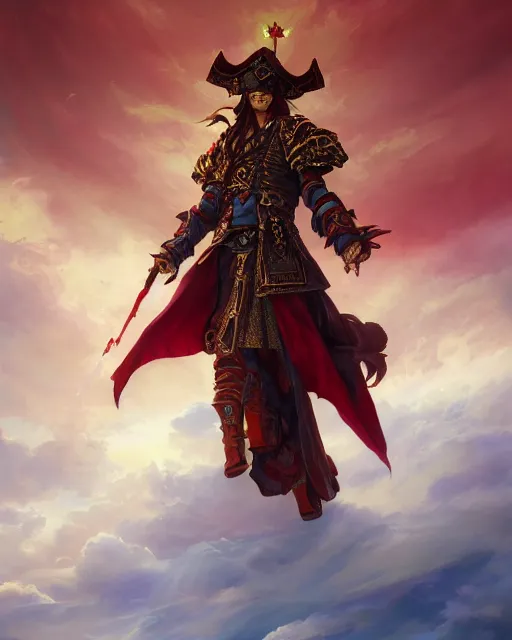 Prompt: A Full View of a Red Mage wearing magical ornate armor and a pirate hat surrounded by an epic cloudscape. Magus. Red Wizard. masterpiece 4k digital illustration by Ruan Jia and Mandy Jurgens and Artgerm and greg rutkowski and Alexander Tsaruk and WLOP and Range Murata, award winning, Artstation, art nouveau aesthetic, Alphonse Mucha background, intricate details, realistic, panoramic view, Hyperdetailed, 8k resolution, intricate art nouveau