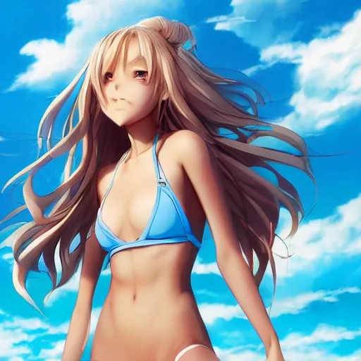 Image similar to a very beautiful young anime skater girl, full body, long wavy blond hair, sky blue eyes, full round face,, bikini, miniskirt, front view, mid - shot, highly detailed, cinematic wallpaper by stanley artgerm lau
