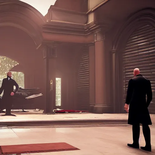 Image similar to agent 4 7 crashing his own funeral, hitman, unreal engine 5, 4 k, anti aliasing