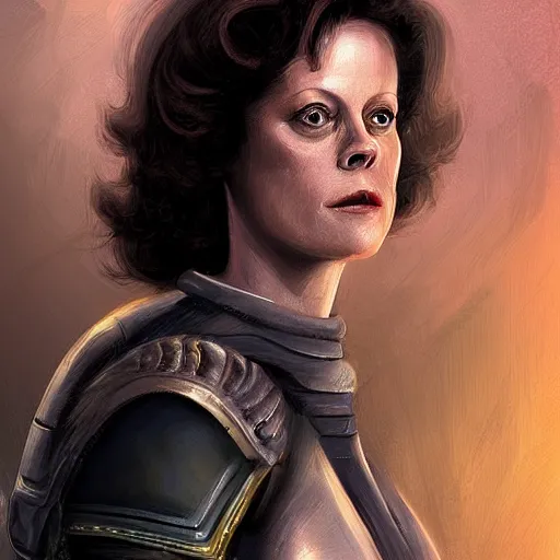 Prompt: sigourney weaver ( young ) as a d & d fighter, character portrait by wlop