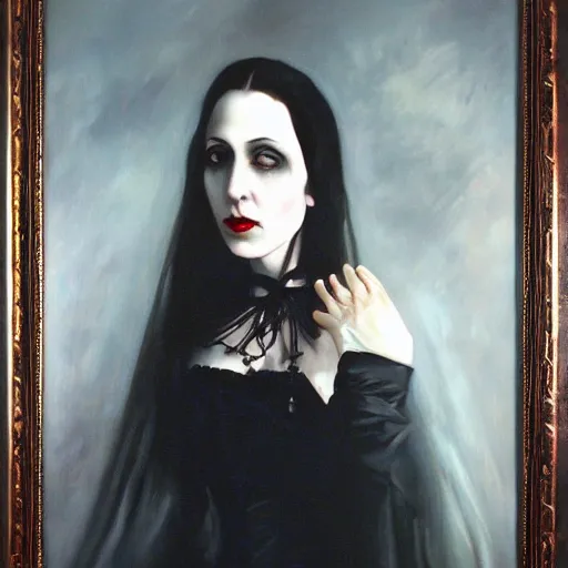 Image similar to A beautiful painting of a lady vampire, victorian, dracula, ominous, oil on canvas, photorealism, ultra detailed, irwin penn, high definition, soft light