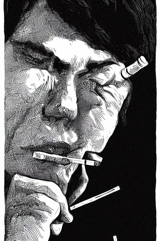 Prompt: hyperdetailed portrait of a man smoking a cigarette, by nicholas delort, artstation, smooth, graphic black and white. intricate, elegant, central composition, golden ratio,