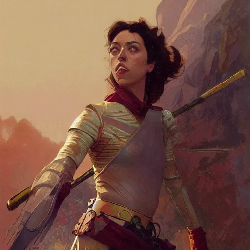 Prompt: Aubrey Plaza as a captain in the early bronze age, intricate, highly detailed, digital painting, artstation, concept art, sharp focus, illustration, art by greg rutkowski and alphonse mucha