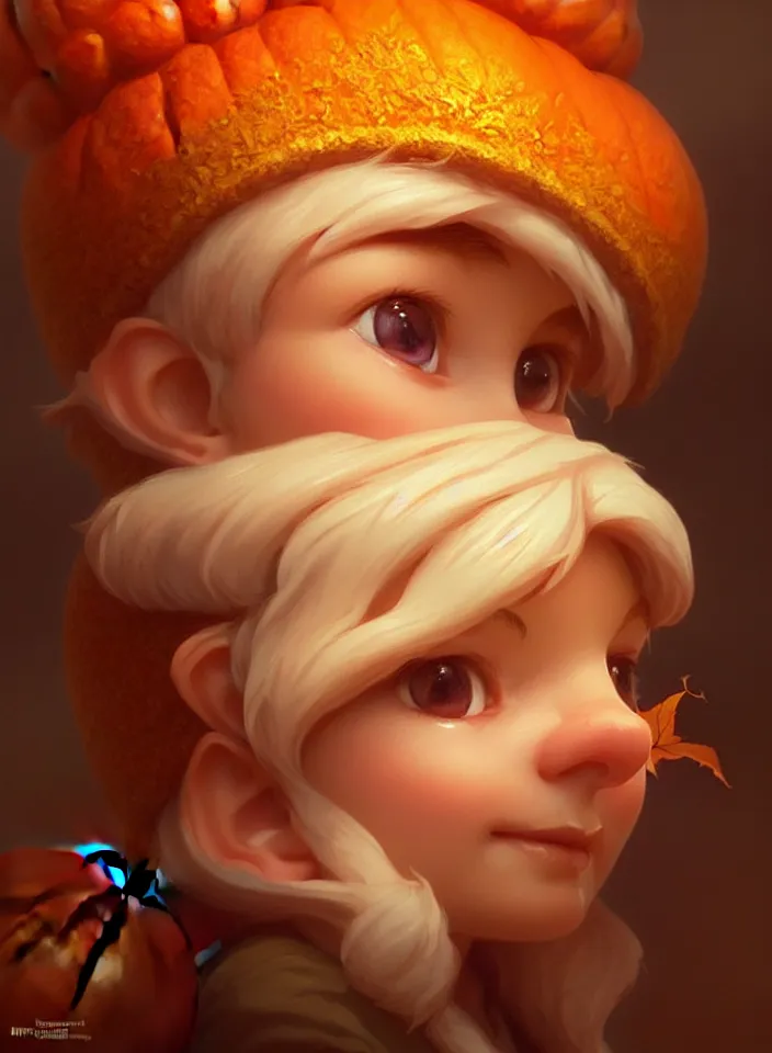 Image similar to hand drawn cute one gnomes face in autumn and pumpkin, detailed closeup face, concept art, low angle, high detail, warm lighting, volumetric, godrays, vivid, beautiful, trending on artstation, art by artgerm and greg rutkowski and alphonse mucha