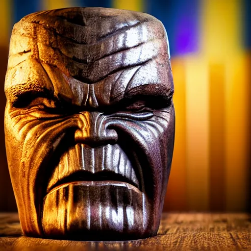 Image similar to a closeup photorealistic photograph of a glossy thanos style tiki mug sitting at a trader vic's bar featuring the face of thanos. tiki party. bright scene. fine detail. this 4 k hd image is trending on artstation, featured on behance, well - rendered, extra crisp, features intricate detail, epic composition and the style of unreal engine.