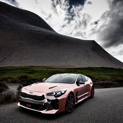 Image similar to kia stinger gt driving towards mount doom | eye of sauron watching over in the background | wide angle photograph | high resolution