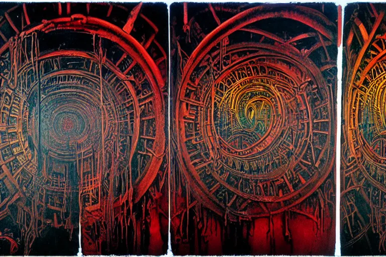 Image similar to the inside of a symmetrical hellish dungeon, mirrors and ancient gears, matte painting, 4 k, epic composition, volumetric light, abstract illusionism, by william stout, jean - michel basquiat, pour paint, modern street art, grunge wall, industrial