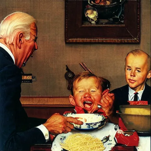 Image similar to joe biden eating a bowl of spaghetti, norman rockwell