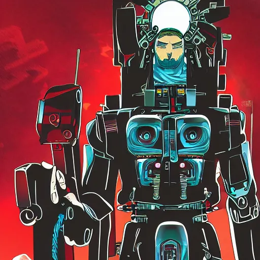 Prompt: detailed color manga illustration of jesus as an evil killer robot, cyberpunk, dark, akira