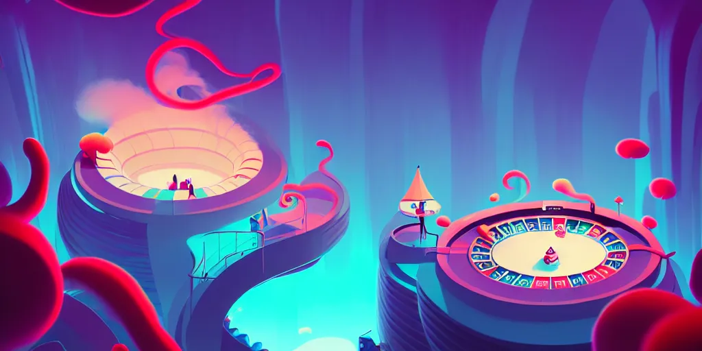 Prompt: spiral lines, minimalistic, extreme wide angle, curved perspective, digital art, chubby cotton candy, subsurface scattering, indoor casino, by anton fadeev, lorax movie, underwater smoke, artstation