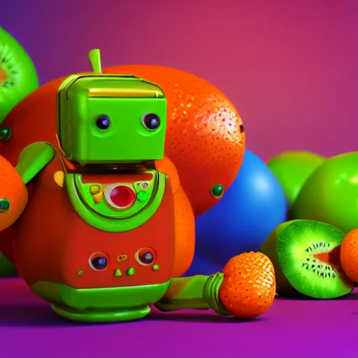 Image similar to fruit robot on colorful background, octane render, hyperrealistic textures