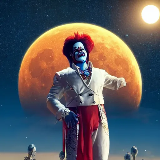 Prompt: the image of clownvis presley with outstretched arms between the moon and the sun and a thousand stars ultra realistic, concept art, intricate details, serious, highly detailed, photorealistic, octane render, 8 k, unreal engine, art by todd mcfarlane and artgerm and greg rutkowski and alphonse mucha