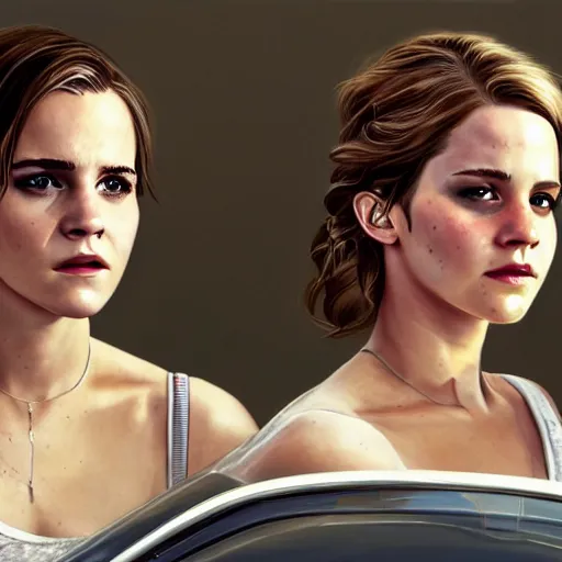 Image similar to highly detailed painting emma watson and jennifer lawrence driving a cabrio along a costal scenic route, gta 5 cover art style, 8 k, radiant light, detailed and intricate environment, trending on artstation