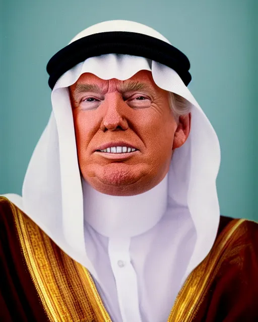 Prompt: a photo of donald trump as a muslim sheikh from saudi arabia, portrait, ektachrome, closeup, f / 2. 8