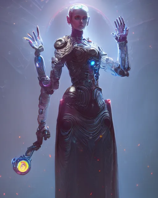 Image similar to benevolent android necromancer, aura of light, artificial intelligence, scifi, futuristic, highly detailed, trending on artstation, lee ji - eun, advanced technology, art by vitaly bulgarov