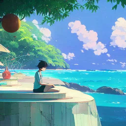 Prompt: enjoying the holidays in seychelles in 2 0 5 0!!, detailed, cory loftis, james gilleard, atey ghailan, makoto shinkai, goro fujita, studio ghibli, rim light, exquisite lighting, clear focus, very coherent, sea in background