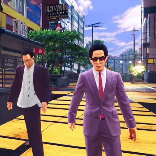 Prompt: A Yakuza 0 substory involving Larry David and Kiryu Kazuma, gameplay screenshot, 3rd person