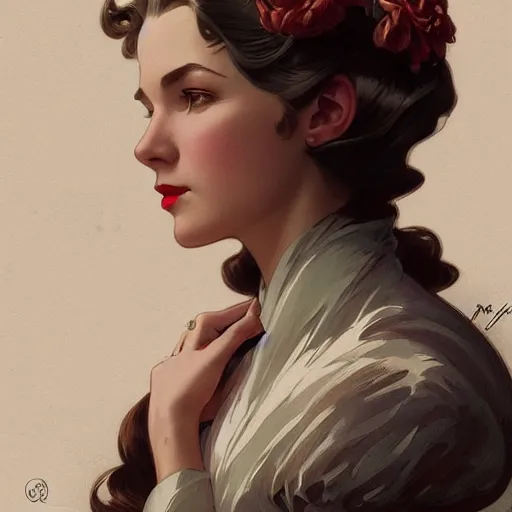 Prompt: a woman dressed in 1940's fashion, D&D, fantasy, intricate, elegant, highly detailed, digital painting, artstation, concept art, matte, sharp focus, illustration, art by Artgerm and Greg Rutkowski and Alphonse Mucha