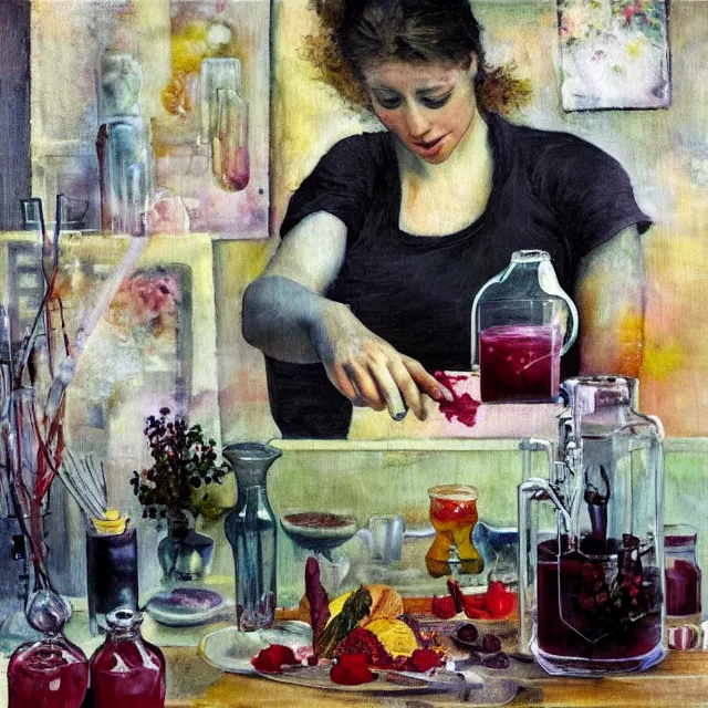 Prompt: sensual, a female art student in her kitchen, raw pork, berry juice drips, pancakes, silk, juice, honey, painting of a woman, berries, white flowers in scientific glassware, art supplies, white candles dripping wax, neo - impressionist surrealism, acrylic and spray paint and oilstick on canvas