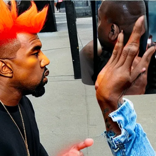 Prompt: kanye west having an argument with goku outside an applebee's, photo, realistic, paparazzi photo, 4 k, photo real