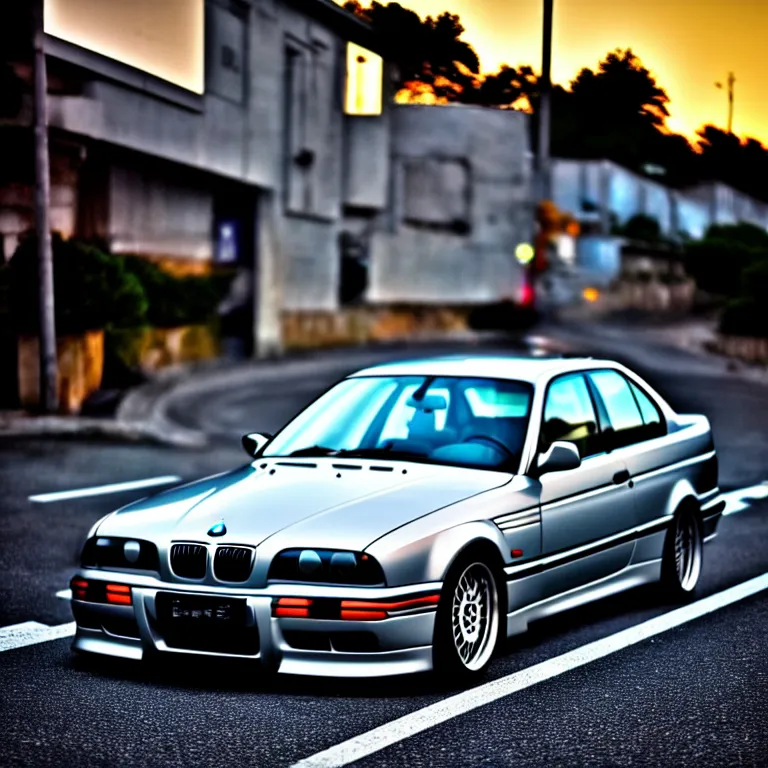 Prompt: close-up-photo BMW E36 middle of street, sunset kanagawa prefecture, night, cinematic color, photorealistic, highly detailed,