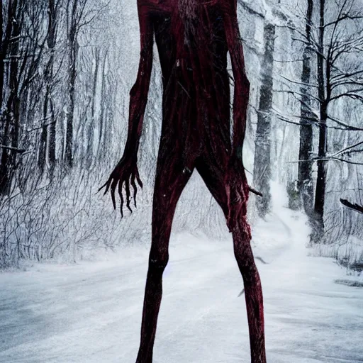 Image similar to blood soaked skinwalker, lanky, skinny, pale skin, snow, forest, dark, horrifying