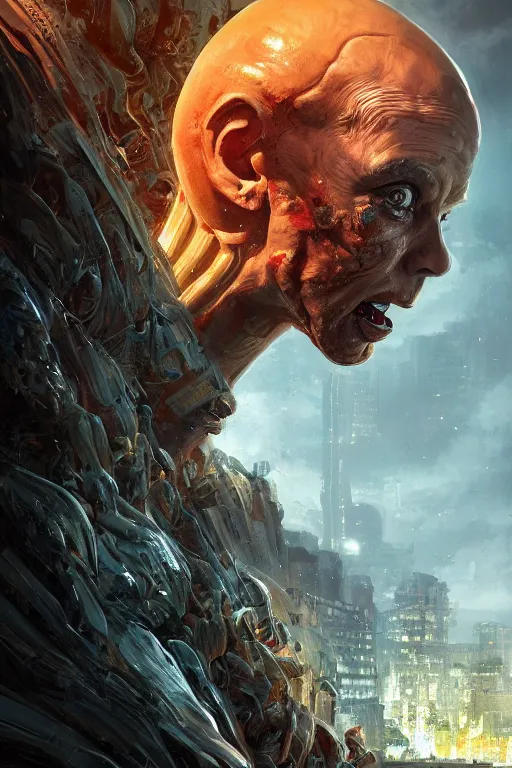 Image similar to the wrath of the seven deadly sins as an i robot angry and screaming, semi torso portrait, intricate, elegant, volumetric lighting, scenery, digital painting, highly detailed, artstation, sharp focus, illustration, concept art, luis rollo, ruan jia, steve mccurry, john berkey