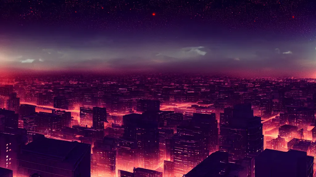 Prompt: view of a city from the top of a building at night, glowing stars, dramatic lighting, meteor falling on it, octane render