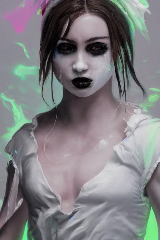 Image similar to a character wearing a white costume, with fluo colored details, muted colors, gothic, satoshi con, hyper real painting