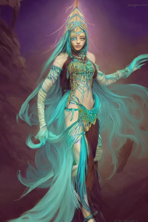 Image similar to beautiful sorceress female with teal colored skin, full body shot, long hair made of kelp, egyptian clothing, carrying a crystal stuff, d & d, fantasy, intricate, elegant, highly detailed, digital painting, artstation, concept art, matte, sharp focus, illustration, hearthstone, art by artgerm and greg rutkowski and alphonse mucha