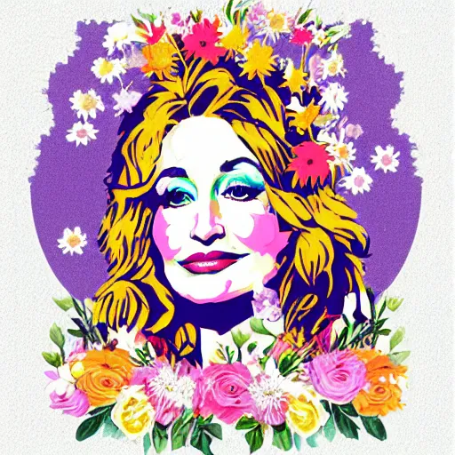 Prompt: flower child, Dolly Parton, graphic design, vintage
