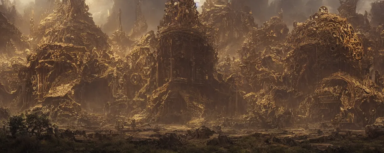 Prompt: otherwordly landscape with ground made of an ornate bronze gear mechanism, [ cinematic, detailed, epic, widescreen, opening, establishing, mattepainting, photorealistic, 4 k, octane render, art by greg rutkowski ]