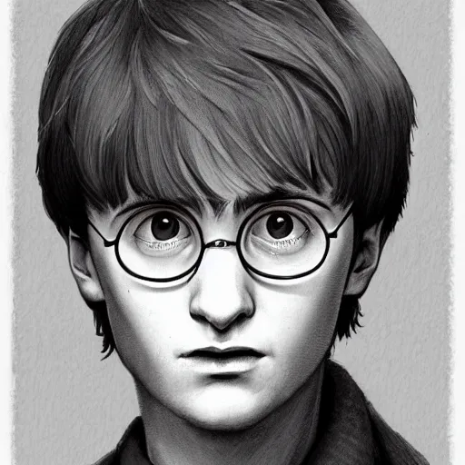 Prompt: a close up portrait of harry potter as a teenager, focused gaze, art station, highly detailed, concept art, sharp focus, illustration in pen and ink, wide angle, by kentaro miura