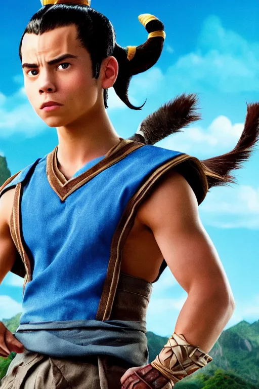 Image similar to jake t. austin as sokka in the live action remake of avatar the last airbender, 3 5 mm photography, highly detailed, cinematic lighting, 4 k