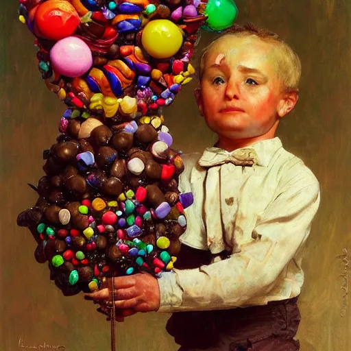 Image similar to a sculpture portrait made of candys and lollipops and chocolate and plants, painting part by wojciech siudmak, part by ilya repin, part by max ernst, part by norman rockwell, artstation