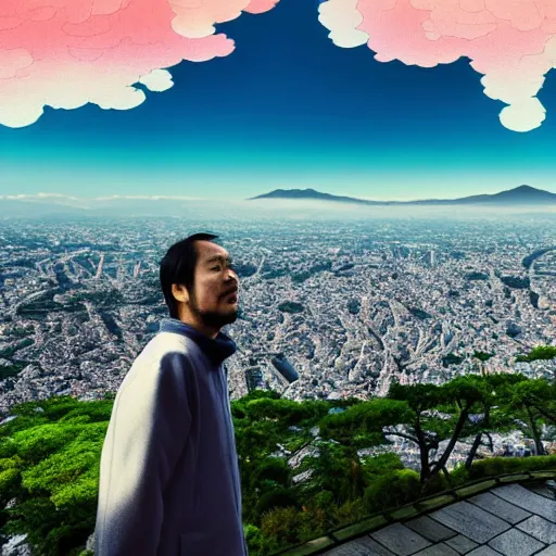 Image similar to a man walking on clouds away from the camera above kyoto by takashi murakami, beeple and james jean, aya takano color style, 4 k, super detailed, modern, 4 k, symmetrical