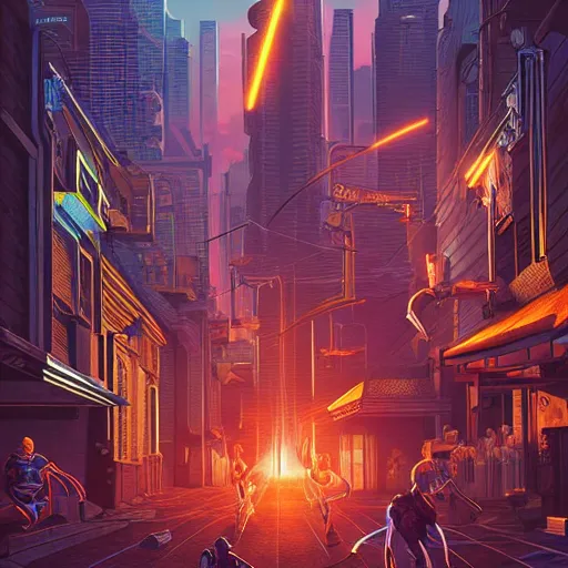 Prompt: ninja cyborgs dagger duel in cybercity, golden hour, poster by michael whelan and gilbert williams and evgeny lushpin and artgerm and alena aenami, 3 0 mm, highly detailed