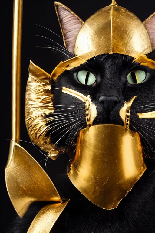 Image similar to a black cat wearing gold plated armor, studio lighting