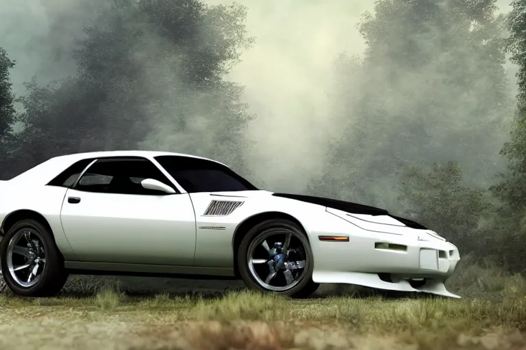 Image similar to reflective white pontiac firebird with flames paintjob with angelic wings attached to sides of the roof, dramatic, cinematic, forest, volumetric lighting