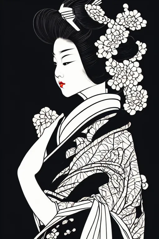 Image similar to silhouette of a geisha, vector art style, medium shot, intricate, elegant, highly detailed, digital art, ffffound, art by jc leyendecker and sachin teng